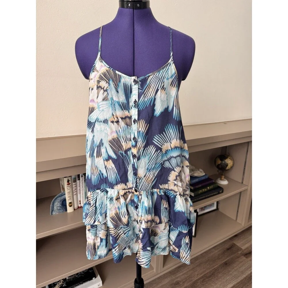Free People Tropical Tiered Ruffle Dress XS Blue White Boho Buttons Pockets